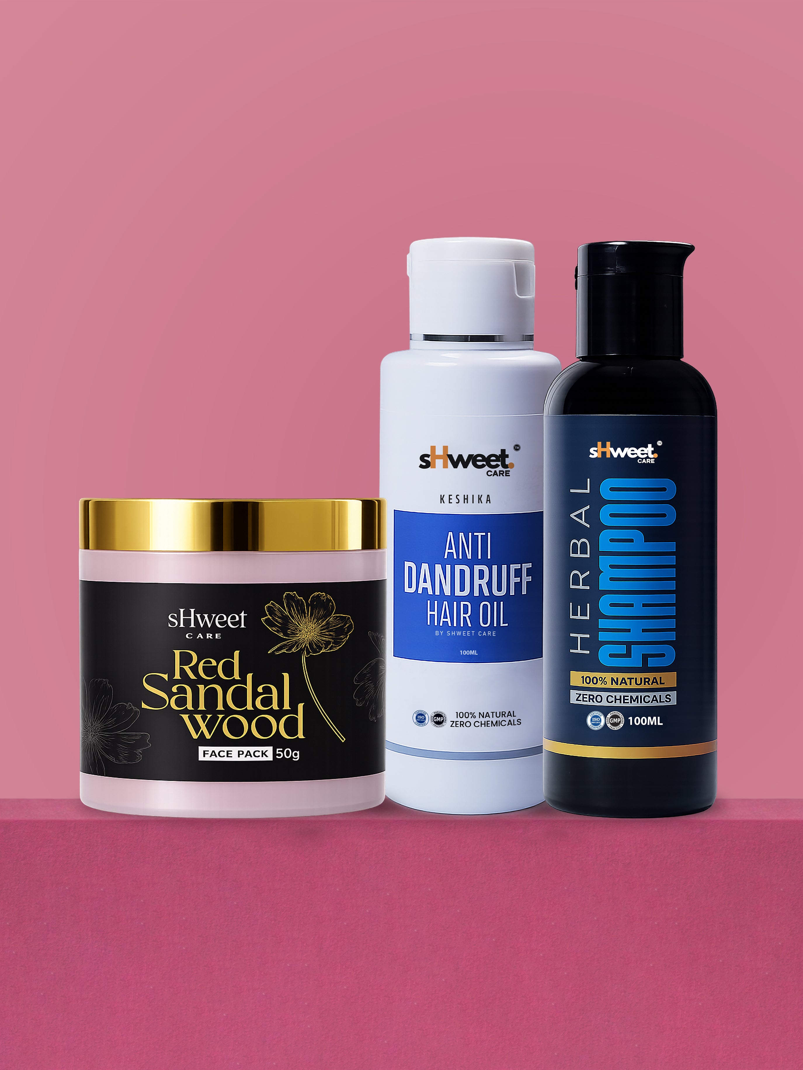 THE ESSENTIAL PACK/Red Sandalwood Face Pack+Anti-Dandruff Hair Oil+Herbal Shampoo